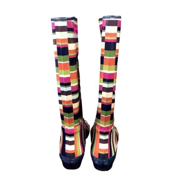 COACH Multi Stripe Mid Calf Rain Boots w Low Heel and Navy Lining Sz 7 - Picture 3 of 12